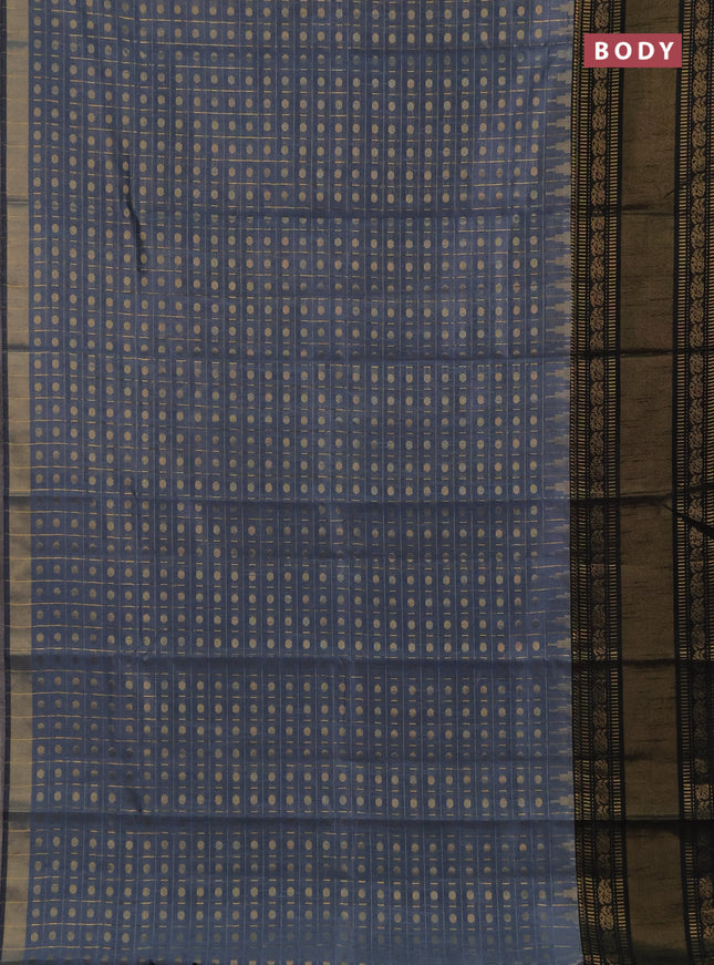 Semi dupion saree grey and black with allover zari checks & 1000 buttas and long temple zari woven border