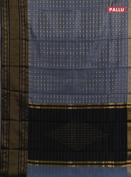 Semi dupion saree grey and black with allover zari checks & 1000 buttas and long temple zari woven border