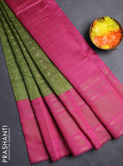 Semi dupion saree mehendi green and pink with allover zari checks & 1000 buttas and long temple zari woven border