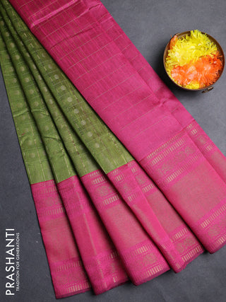 Semi dupion saree mehendi green and pink with allover zari checks & 1000 buttas and long temple zari woven border