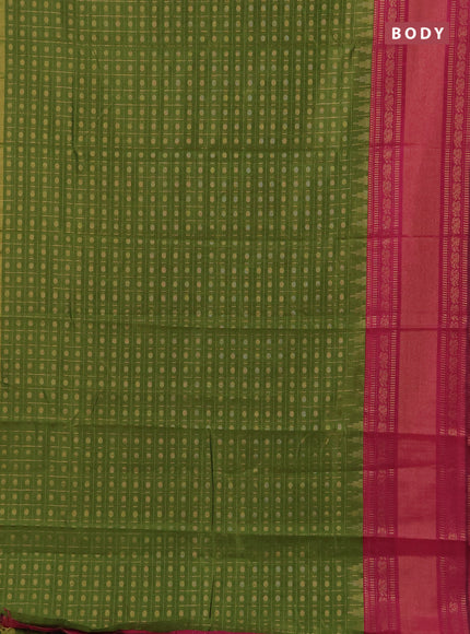 Semi dupion saree mehendi green and pink with allover zari checks & 1000 buttas and long temple zari woven border