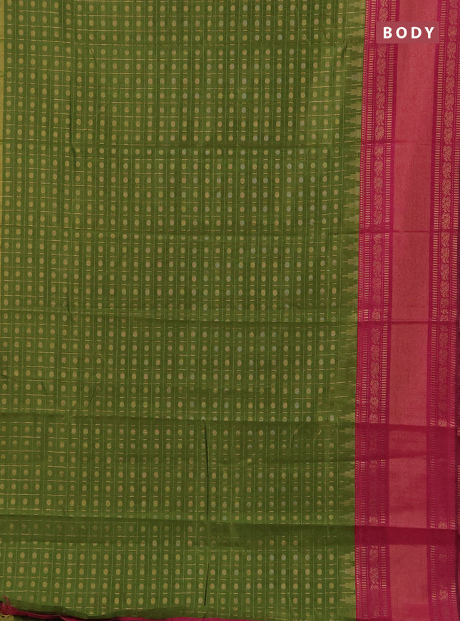 Semi dupion saree mehendi green and pink with allover zari checks & 1000 buttas and long temple zari woven border