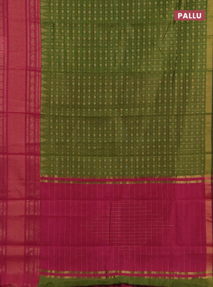 Semi dupion saree mehendi green and pink with allover zari checks & 1000 buttas and long temple zari woven border