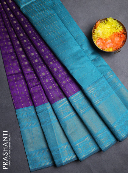 Semi dupion saree violet and teal green shade with allover zari checks & 1000 buttas and long temple zari woven border