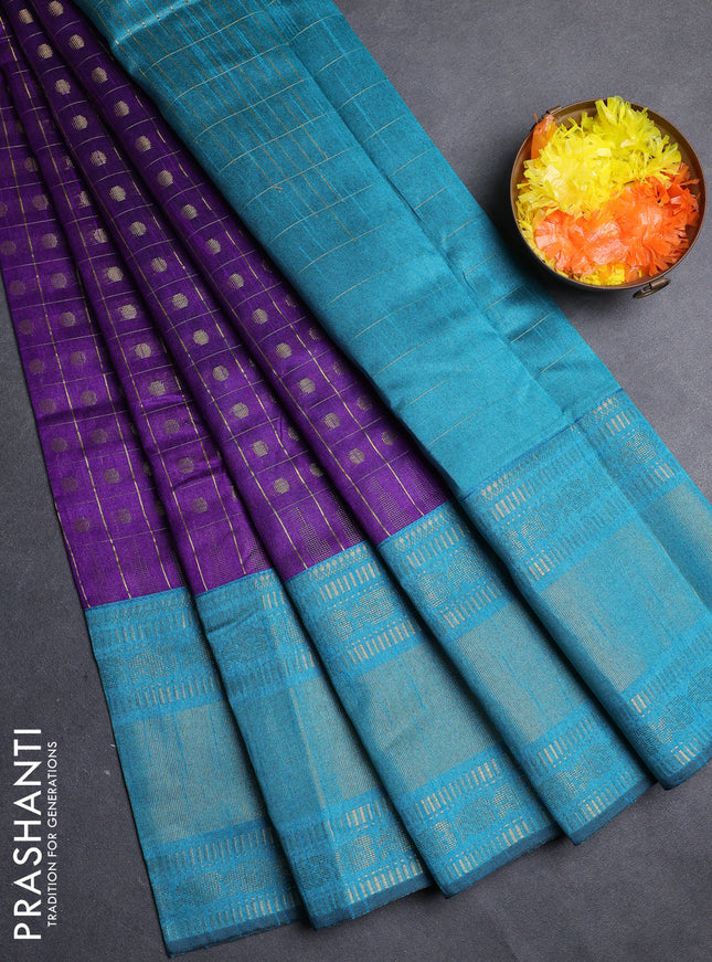 Semi dupion saree violet and teal green shade with allover zari checks & 1000 buttas and long temple zari woven border