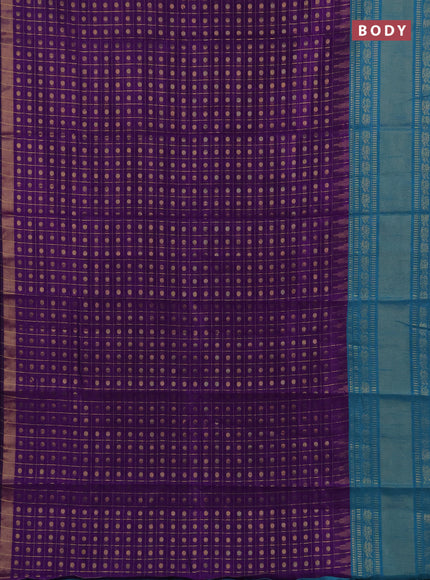 Semi dupion saree violet and teal green shade with allover zari checks & 1000 buttas and long temple zari woven border