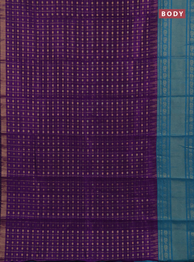 Semi dupion saree violet and teal green shade with allover zari checks & 1000 buttas and long temple zari woven border
