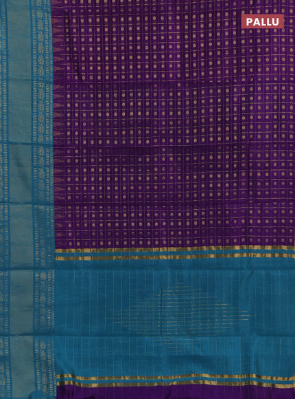 Semi dupion saree violet and teal green shade with allover zari checks & 1000 buttas and long temple zari woven border