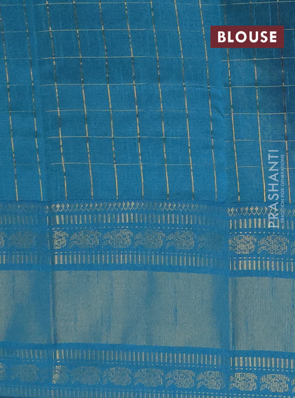Semi dupion saree violet and teal green shade with allover zari checks & 1000 buttas and long temple zari woven border