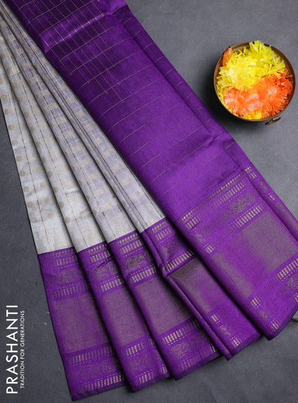 Semi dupion saree grey and violet with allover zari checks & 1000 buttas and long temple zari woven border