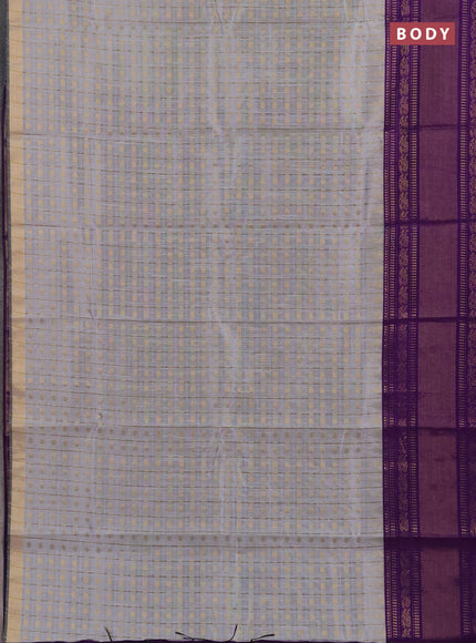 Semi dupion saree grey and violet with allover zari checks & 1000 buttas and long temple zari woven border