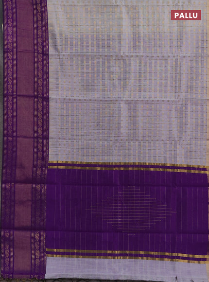 Semi dupion saree grey and violet with allover zari checks & 1000 buttas and long temple zari woven border