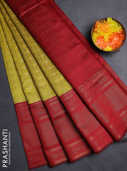 Semi dupion saree mustard yellow and maroon with allover zari checks & 1000 buttas and long temple zari woven border