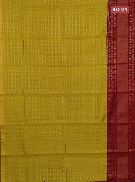 Semi dupion saree mustard yellow and maroon with allover zari checks & 1000 buttas and long temple zari woven border