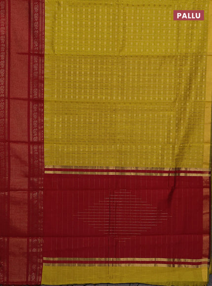 Semi dupion saree mustard yellow and maroon with allover zari checks & 1000 buttas and long temple zari woven border