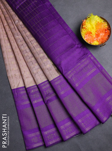 Semi dupion saree pastel peach and purple with allover zari checks & 1000 buttas and long temple zari woven border