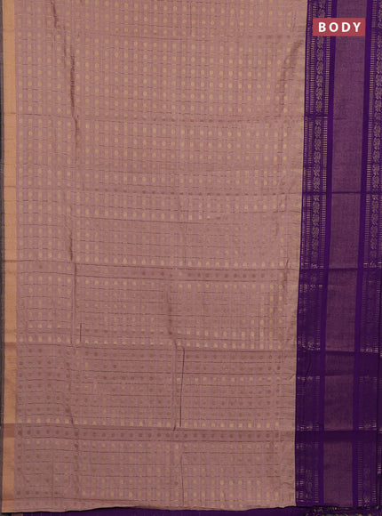 Semi dupion saree pastel peach and purple with allover zari checks & 1000 buttas and long temple zari woven border