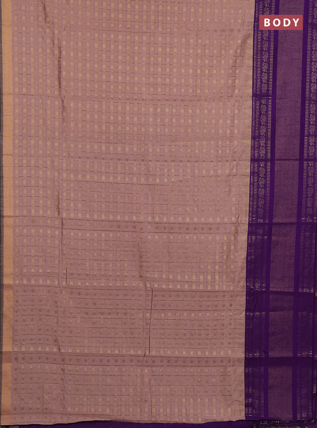 Semi dupion saree pastel peach and purple with allover zari checks & 1000 buttas and long temple zari woven border