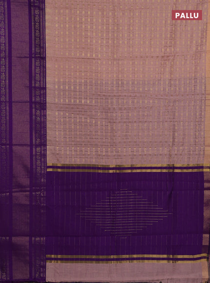 Semi dupion saree pastel peach and purple with allover zari checks & 1000 buttas and long temple zari woven border