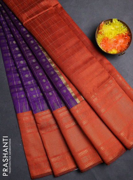 Semi dupion saree violet and rust shade with allover zari checks & 1000 buttas and long temple zari woven border
