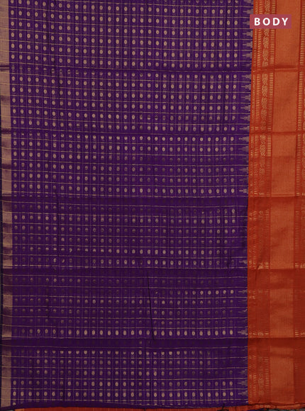 Semi dupion saree violet and rust shade with allover zari checks & 1000 buttas and long temple zari woven border