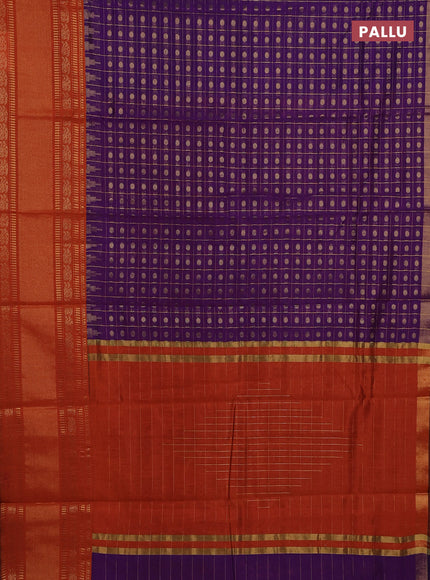 Semi dupion saree violet and rust shade with allover zari checks & 1000 buttas and long temple zari woven border