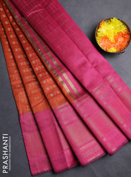 Semi dupion saree rust shade and pink with allover zari checks & 1000 buttas and long temple zari woven border