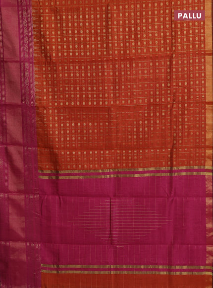 Semi dupion saree rust shade and pink with allover zari checks & 1000 buttas and long temple zari woven border