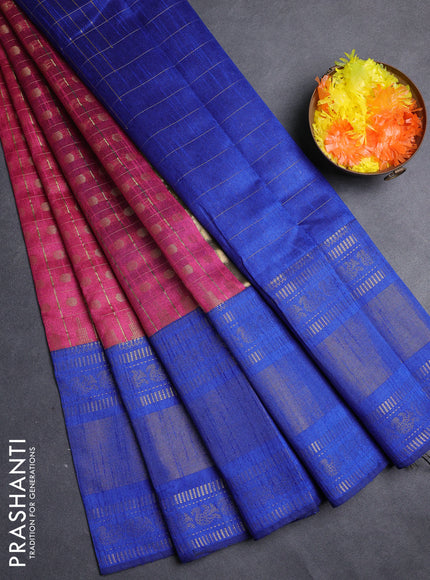 Semi dupion saree pink and blue with allover zari checks & 1000 buttas and long temple zari woven border