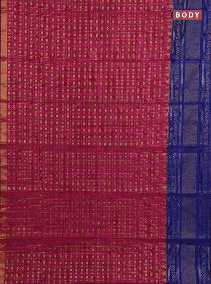 Semi dupion saree pink and blue with allover zari checks & 1000 buttas and long temple zari woven border