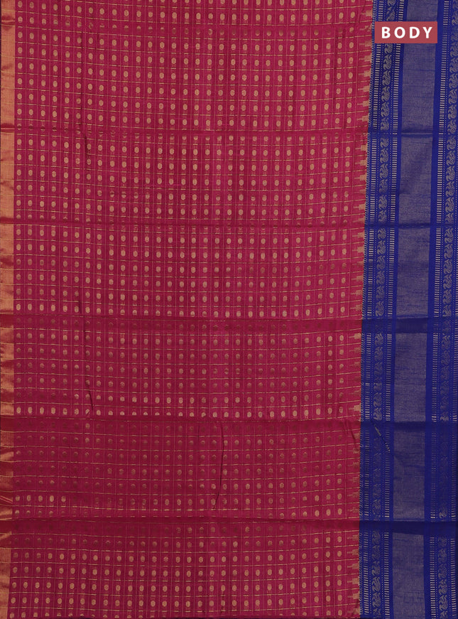Semi dupion saree pink and blue with allover zari checks & 1000 buttas and long temple zari woven border