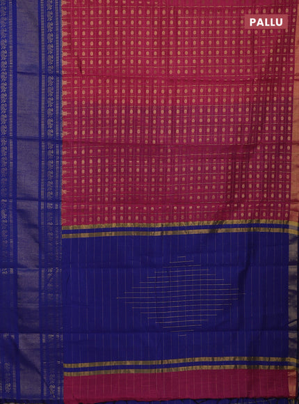 Semi dupion saree pink and blue with allover zari checks & 1000 buttas and long temple zari woven border