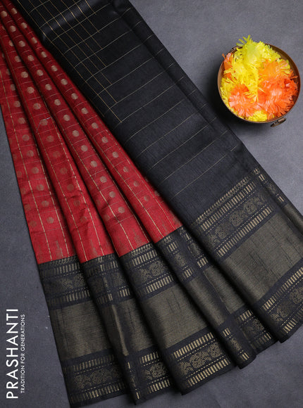 Semi dupion saree maroon and black with allover zari checks & 1000 buttas and long temple zari woven border