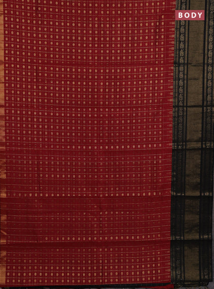 Semi dupion saree maroon and black with allover zari checks & 1000 buttas and long temple zari woven border