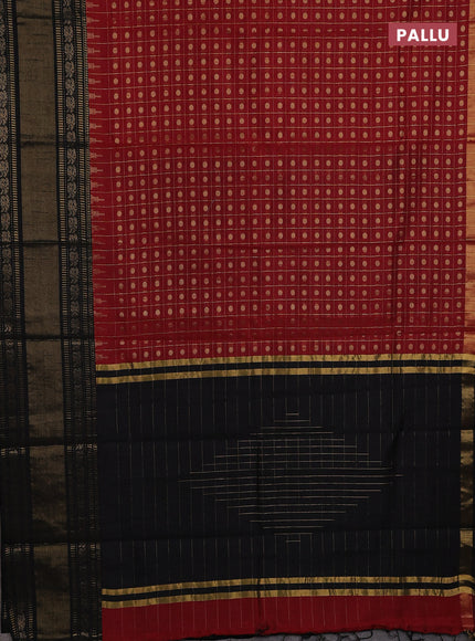 Semi dupion saree maroon and black with allover zari checks & 1000 buttas and long temple zari woven border