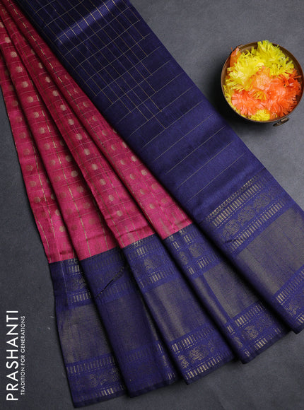 Semi dupion saree pink and navy blue with allover zari checks & 1000 buttas and long temple zari woven border