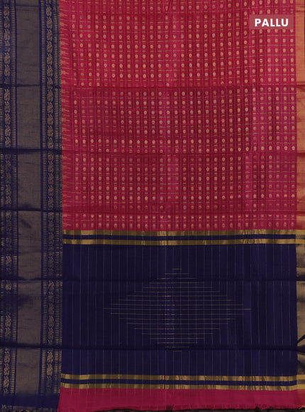 Semi dupion saree pink and navy blue with allover zari checks & 1000 buttas and long temple zari woven border
