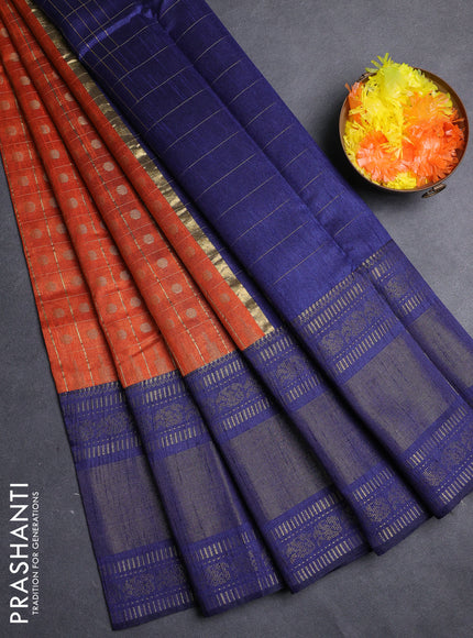 Semi dupion saree rust shade and navy blue with allover zari checks & 1000 buttas and long temple zari woven border