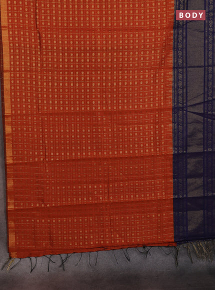 Semi dupion saree rust shade and navy blue with allover zari checks & 1000 buttas and long temple zari woven border