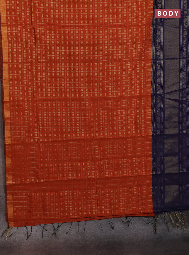 Semi dupion saree rust shade and navy blue with allover zari checks & 1000 buttas and long temple zari woven border