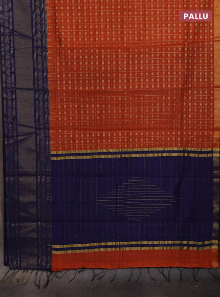 Semi dupion saree rust shade and navy blue with allover zari checks & 1000 buttas and long temple zari woven border