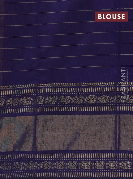 Semi dupion saree rust shade and navy blue with allover zari checks & 1000 buttas and long temple zari woven border