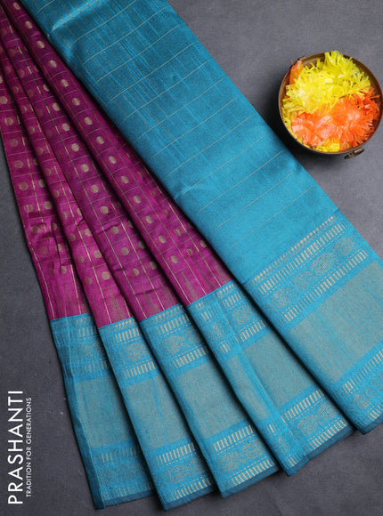 Semi dupion saree purple and teal blue with allover zari checks & 1000 buttas and long temple zari woven border