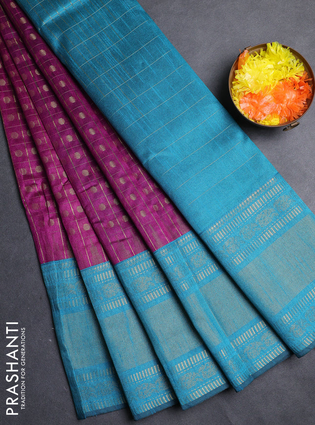 Semi dupion saree purple and teal blue with allover zari checks & 1000 buttas and long temple zari woven border
