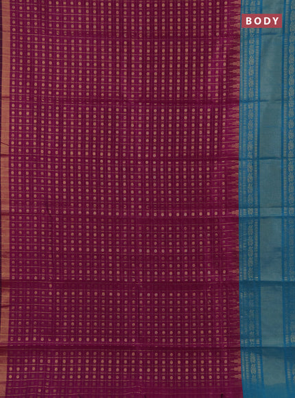 Semi dupion saree purple and teal blue with allover zari checks & 1000 buttas and long temple zari woven border