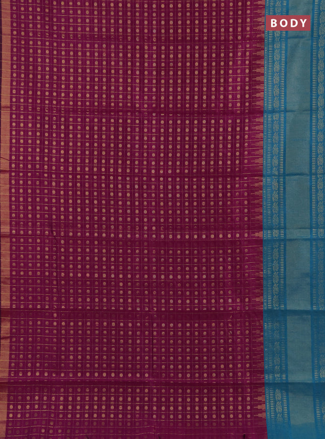 Semi dupion saree purple and teal blue with allover zari checks & 1000 buttas and long temple zari woven border