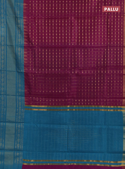 Semi dupion saree purple and teal blue with allover zari checks & 1000 buttas and long temple zari woven border