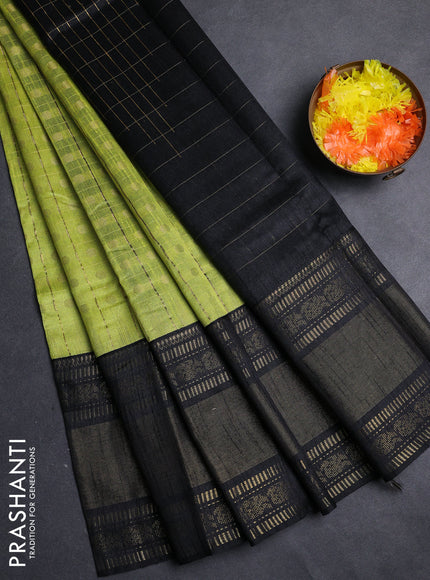Semi dupion saree lime green and black with allover zari checks & 1000 buttas and long temple zari woven border