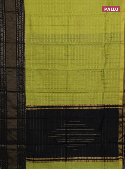 Semi dupion saree lime green and black with allover zari checks & 1000 buttas and long temple zari woven border