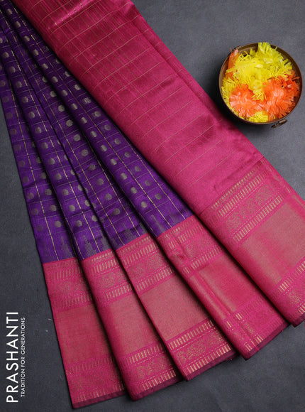 Semi dupion saree violet and magenta pink with allover zari checks & 1000 buttas and long temple zari woven border